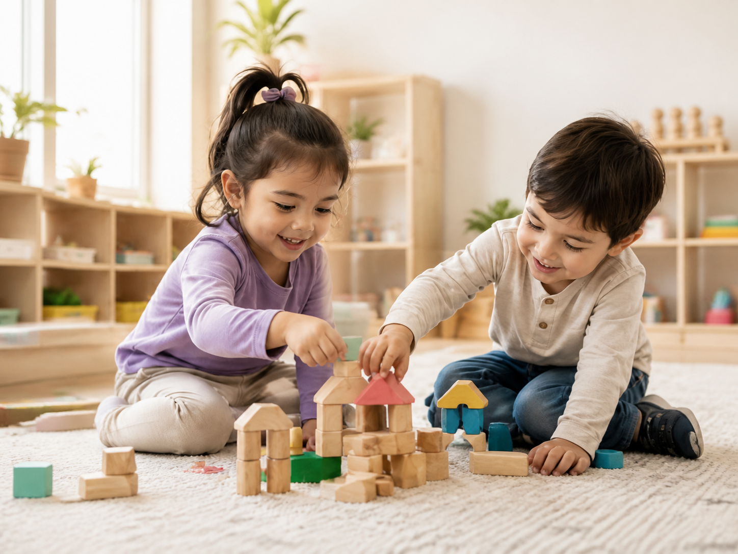 Two children learning and playing with Montessori blocks